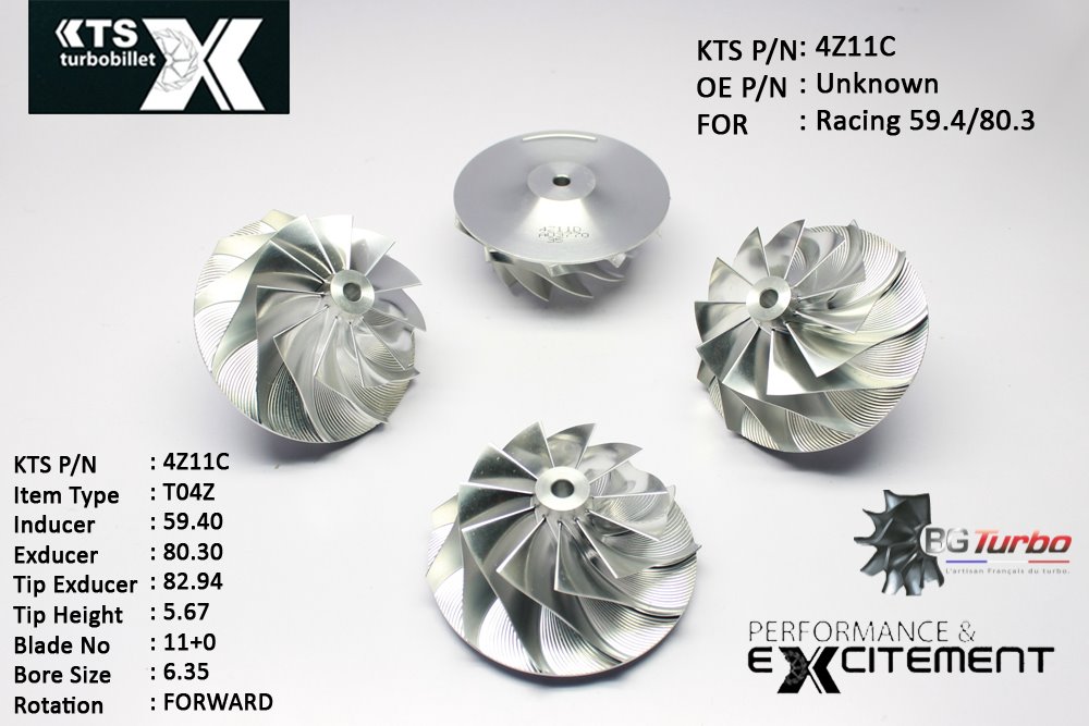Turbo ROUE FORGÉE MFS PERFORMANCE - 11+0 PALES - INDUCER : 59,4 - EXDUCER : 80,3 - TYPE : T04ZANGLE : 60° - ROTATION : Forward - SUPER BACK : 4,75 - BORE SIZE : 6,35
